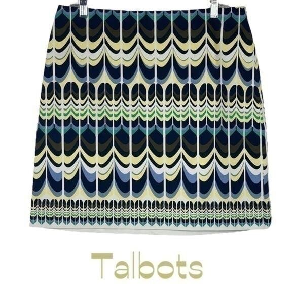 Talbots Navy Yellow Bold Print Career Office Date Skirt NWOT Size 10 - Picture 1 of 11